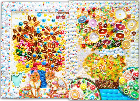 The happiest day - Precious stones glass mosaic still life with flowers and cats. Naive art decorative wall sculpture