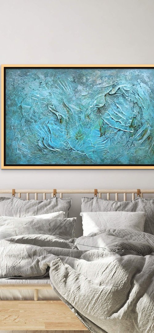 FOSSILS AND SEA SHELLS. Large Abstract Blue Teal Silver Gray Textured Painting 3D by Sveta Osborne