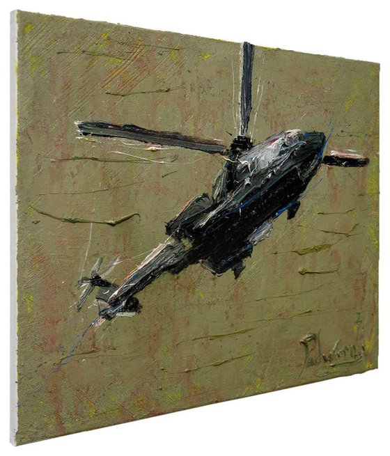 UNTITLED n181 - Original oil painting chopper helicopter abstract fly realism landscape