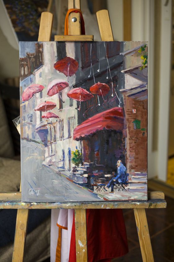 Istanbul street. Balat. Original oil painting. Terrace tea turkey street life style medium size interior decor detail umbrella