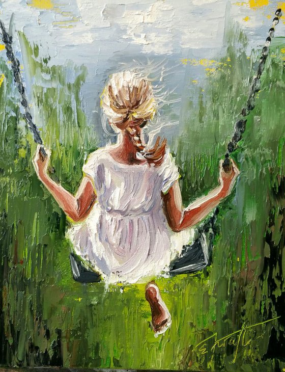 "Summer swing" 24x30x1.7cm Original oil painting on canvas,ready to hang