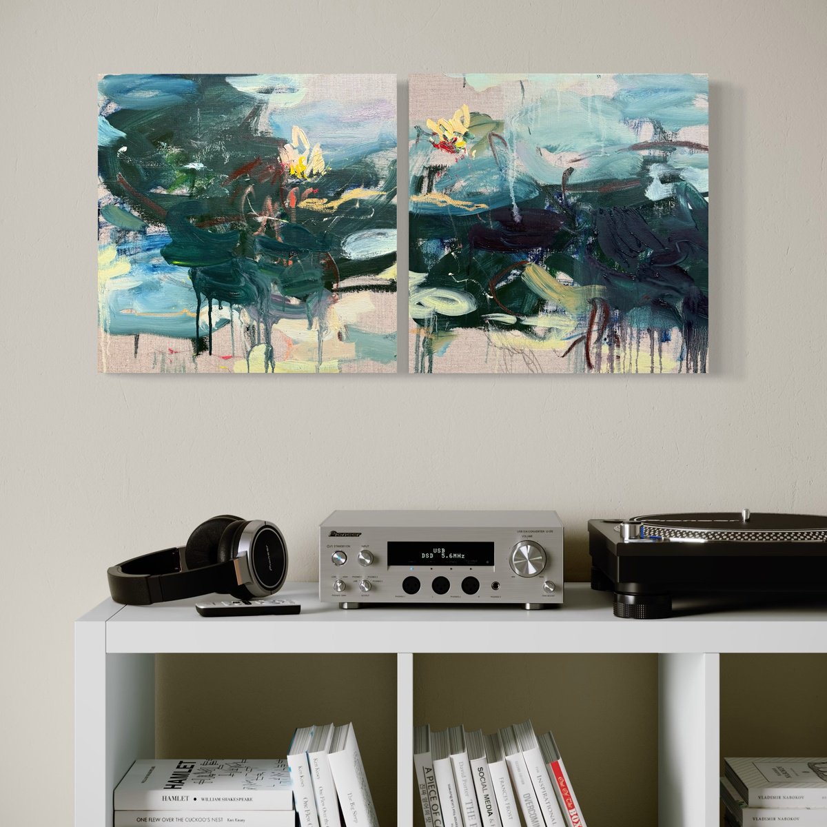Expressive Abstract Oil Painting By Lilia Orlova-Holmes, 32 X 16", Small Pond. Diptych., Original Artwork