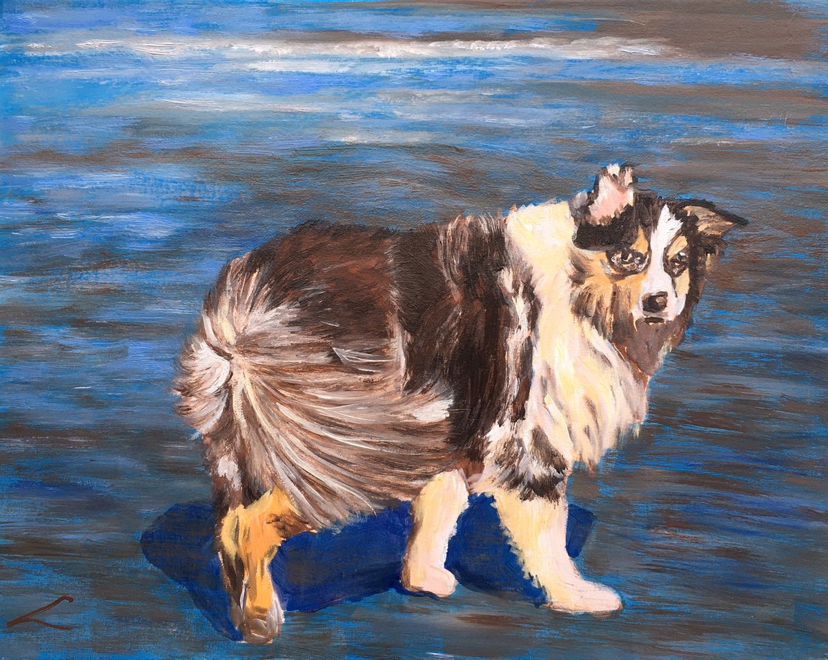 Impressionistic Animal Oil Painting By Elena Sokolova, 20 X 16, Dog At The Sea 8, Original Artwork