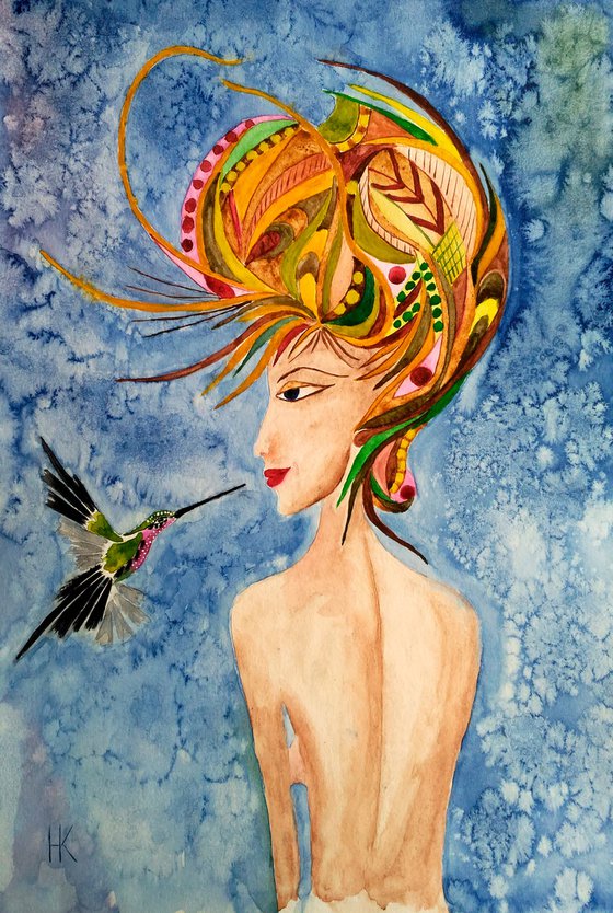 Female Painting Portrait Original Art Abstract Woman Portrait Hummingbird Watercolor Lady with Bird Artwork Home Wall Art 12 by 17" by Halyna Kirichenko