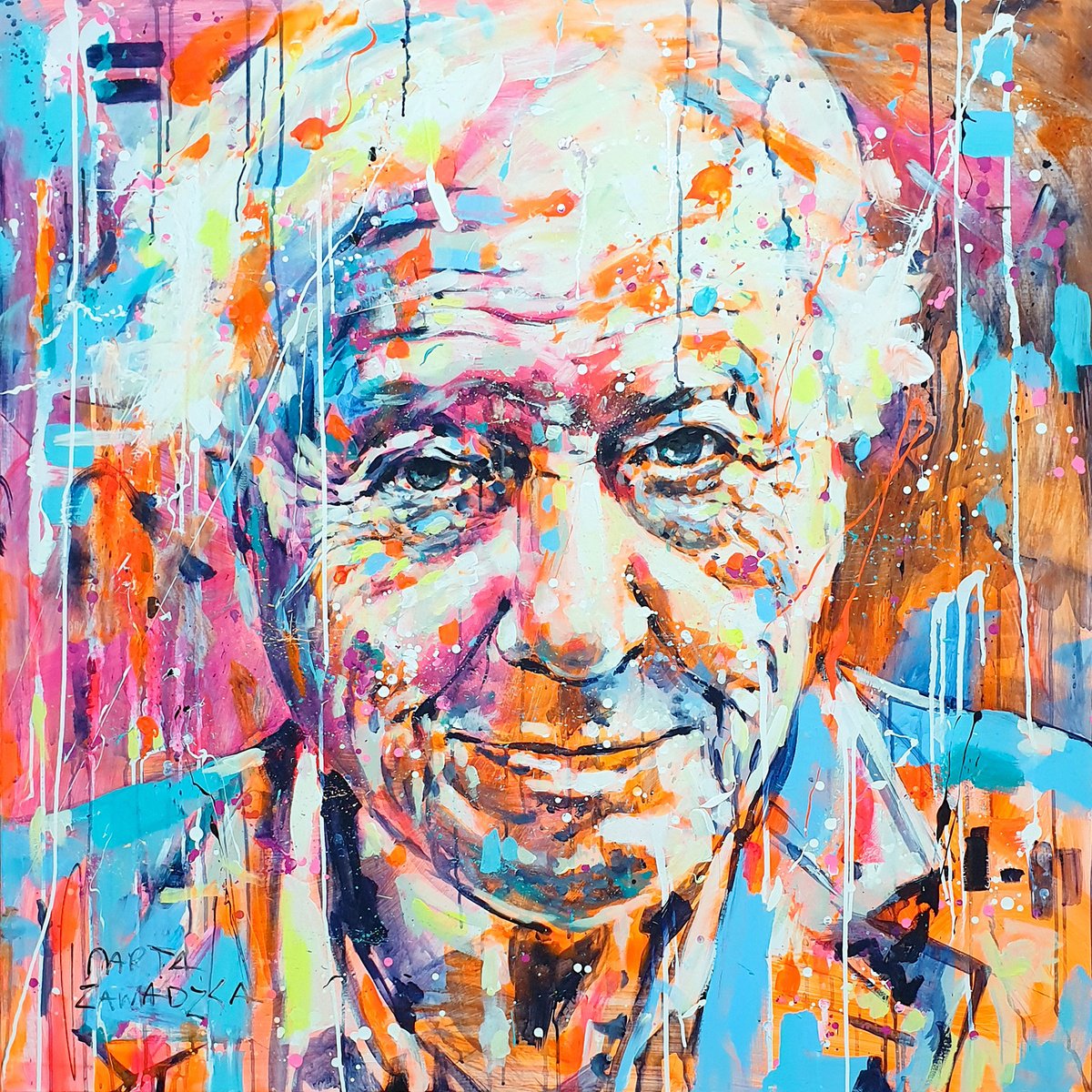 Impressionistic Portrait Acrylic Painting By Marta Zawadzka, 47 X 47", Sir David Attenborough, Original Artwork