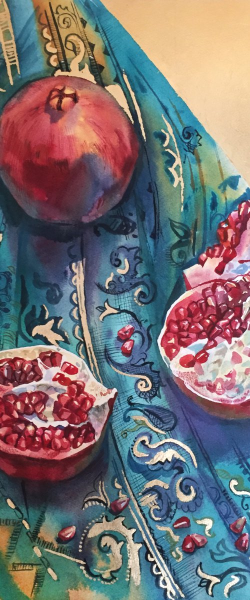 Pomegranates. Bright still life with red fruit. Pomegranate fruit by Natalia Veyner