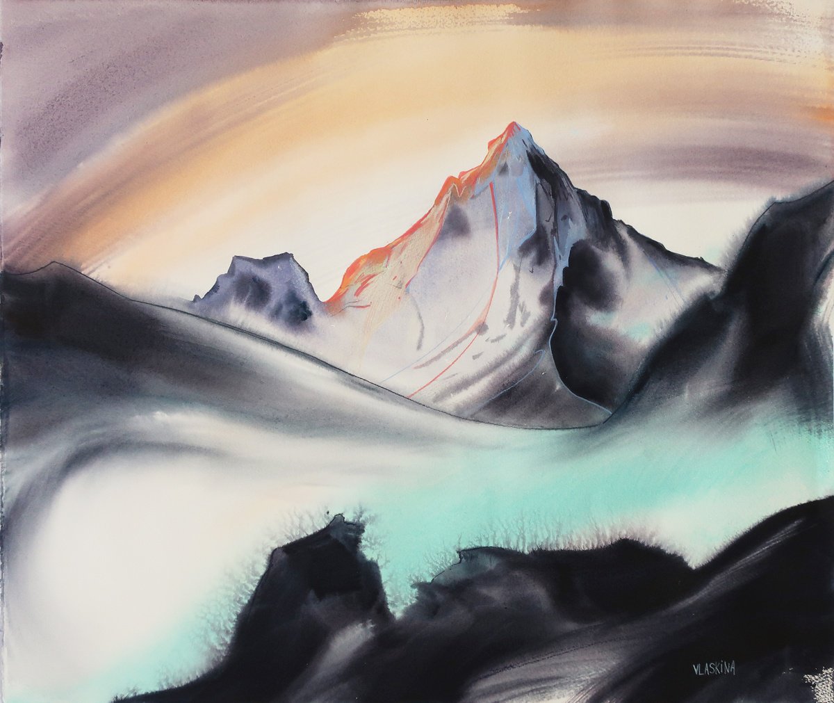 Mountain landscape. Ama Dablam, Himalayas Mixed-media painting by Alla ...