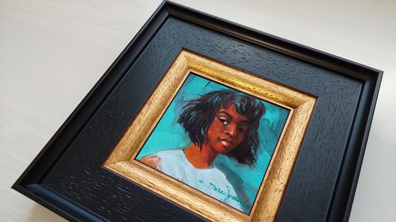 Black woman portrait original oil painting, Black girl portrait framed art mini oil painting, Girl portrait small frame art