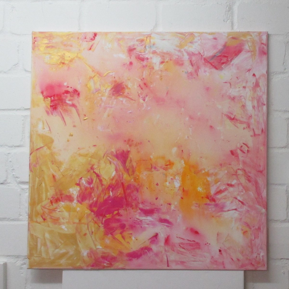 Abstract Acrylic Painting By Sonja Zeltner-Muller, 31 X 31", Peach And Gold Abstract Painting Xl 31,5 X 31,5 Inch, Artfinder