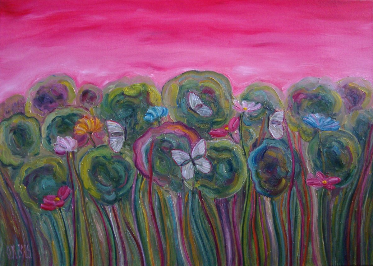 Impressionistic Botanical Oil Painting By Olga Knezevic, 28 X 20", Playfulness, Original Artwork