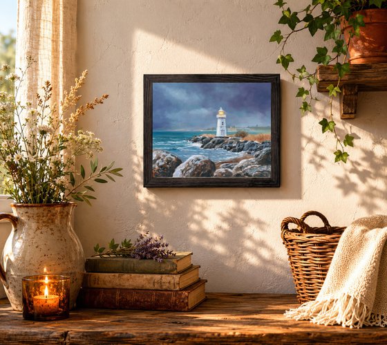 Lighthouse in blue-gray sky