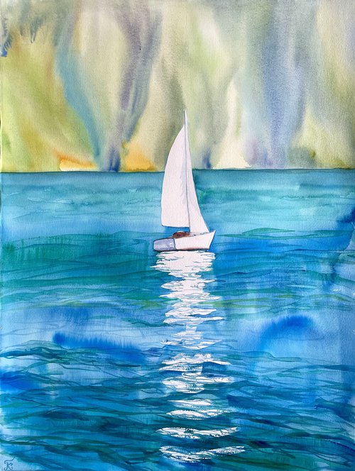Ship Original Watercolor Painting, Large Switzerland Landscape Artwork, Boat Wall Art, Water Picture by Kate Grishakova