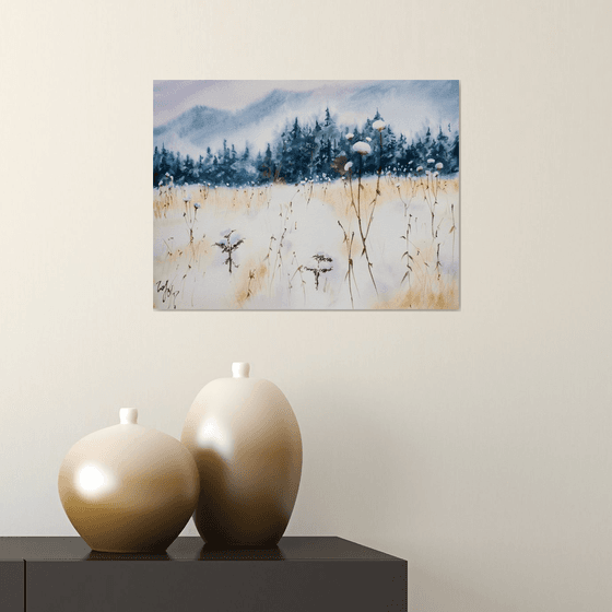Winter Forest. Small watercolor painting blue mist mountain nature landscape interior decor