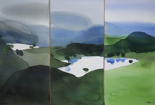 Triptych composed with blue green and greys by Prashant Prabhu