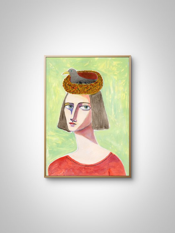 Bird Lover with Nest on Head