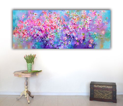 I've Dreamed 55 - Sakura Colorful Blossom - 150x60 cm, Palette Knife Modern Ready to Hang Floral Painting - Flowers Field Acrylics Painting by Soos Roxana Gabriela