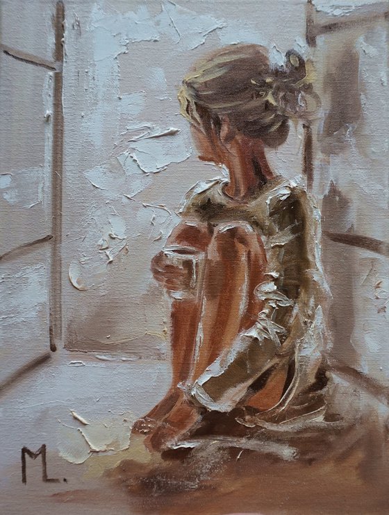 " COFFEE ... " window lockdown lonely  liGHt  ORIGINAL OIL PAINTING, GIFT, PALETTE KNIFE