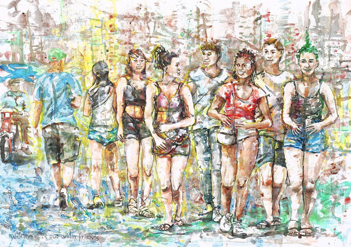 Expressive Portrait Acrylic Painting By Gordon T., 39 X 28, Walking, Out With Friends, Original Artwork