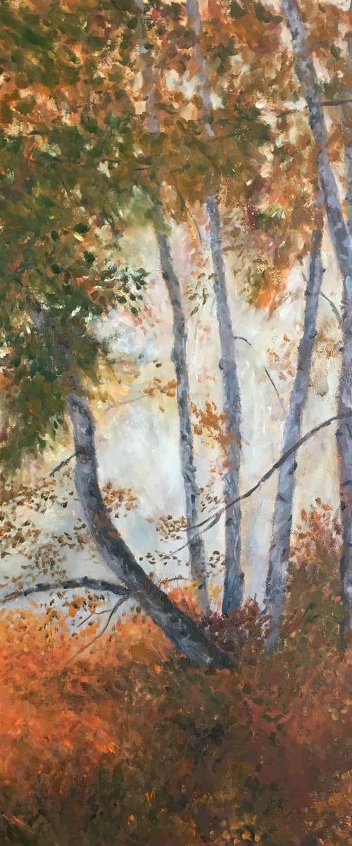 Autumn morning in the forest, landscape painting by Leo Khomich