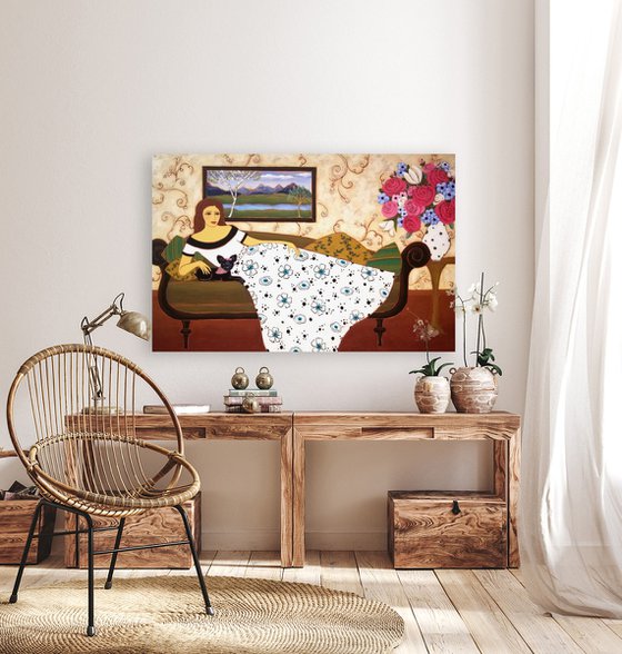 Woman with Ivory Gown and Landscape