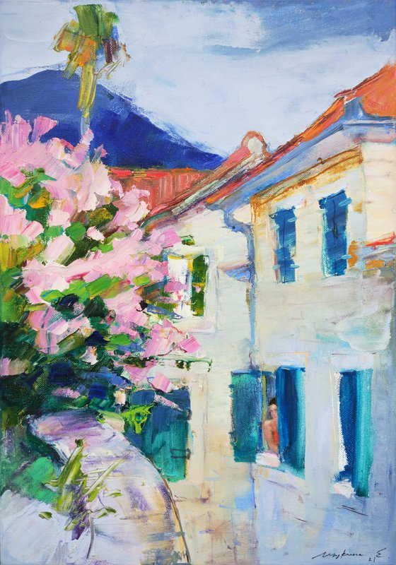 Streets of the old city . Montenegro . Original plein air oil painting .