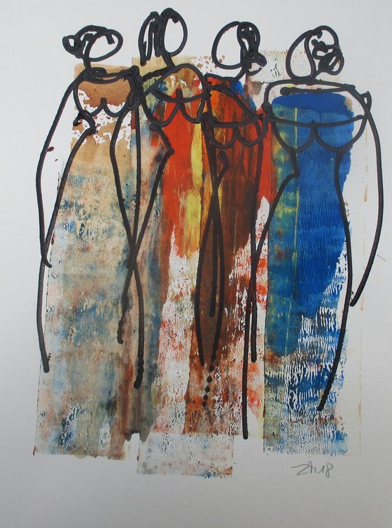 elegant girls original drawing with coffee, gouache and acryl