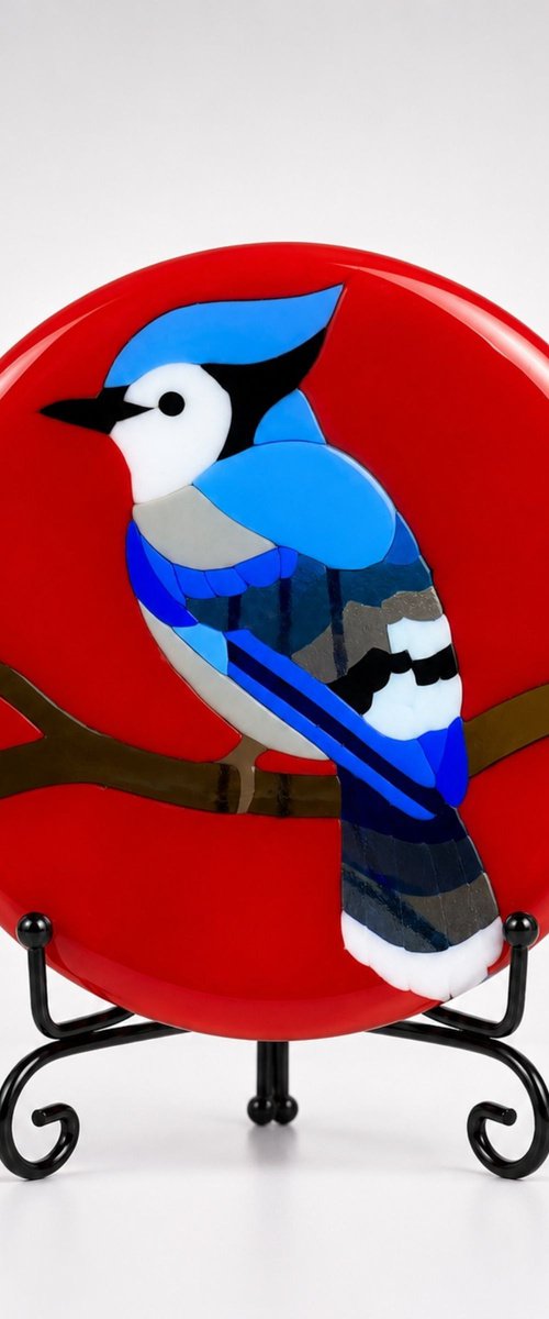 Blue Jay Fused Glass Art by Oksana Saladino