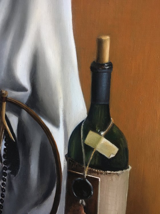 STILL LIFE WITH SICKLE, WINE AND CLAY MUG - classical oil painting, fine art, autumn mood, village style, old masters technique