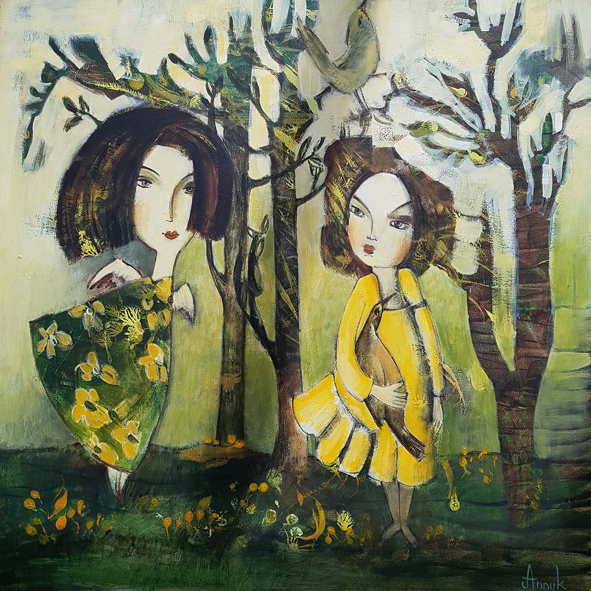 Naive Portrait Acrylic Painting By Anna Soghomonyan, 31 X 31, Dialogue: Symbolistic Painting About A Guardian Angel And A Little Girl, Artfinder