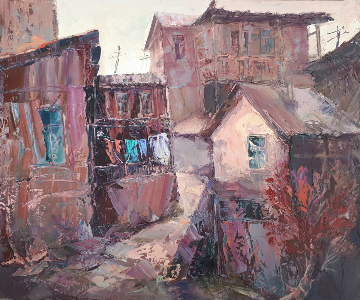 Impressionistic Landscape Oil Painting By Kamo Atoyan, 24 X 20", Village Houses, Original Artwork