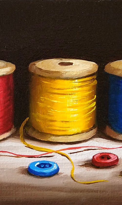 Three cotton reels by Jane Palmer Art