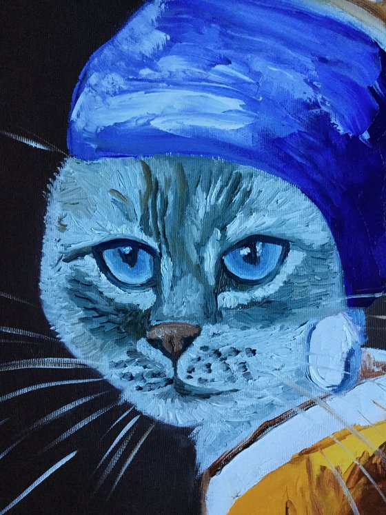 Cat with the pearl earring and blue eyes  inspired by Vermeer painting feline art for cat lovers gift idea