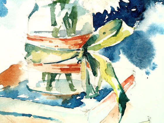 "White flowers on a blue background" - a jar of flowers stands on books modern still life watercolor sketch - series "Artist's Diary"