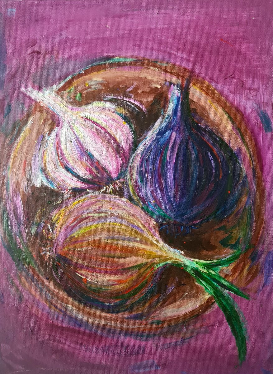 Impressionistic Still Life Acrylic Painting By Dawn Underwood, 12 X 16, Garlic And Onions, Original Artwork