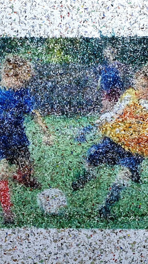 It's mine! (n.503) - "I love football" series - Acrylic painting on shredded paper on wood by Alessio Mazzarulli