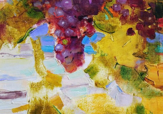 Vineyards in a mountain village Grape Gifts of autumn Original oil painting