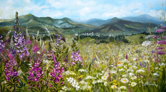 "Mountains in the summer" Original oil painting on canvas, for landscape wall hanging.