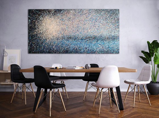 Large light blue sky Сalm abstract painting Сalmness Abstract landscape Pollock style
