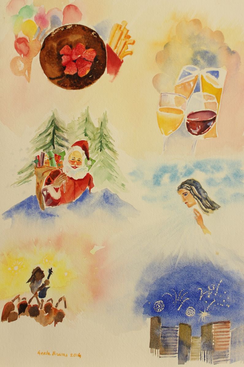 December, Christmas poster, Conceptual art in watercolor, gift, wall decor by Geeta Yerra