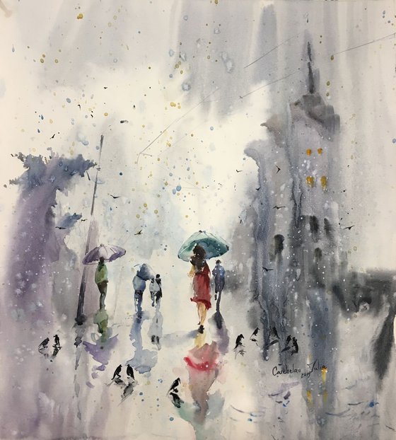 Watercolor “Lady in red with green umbrella”
