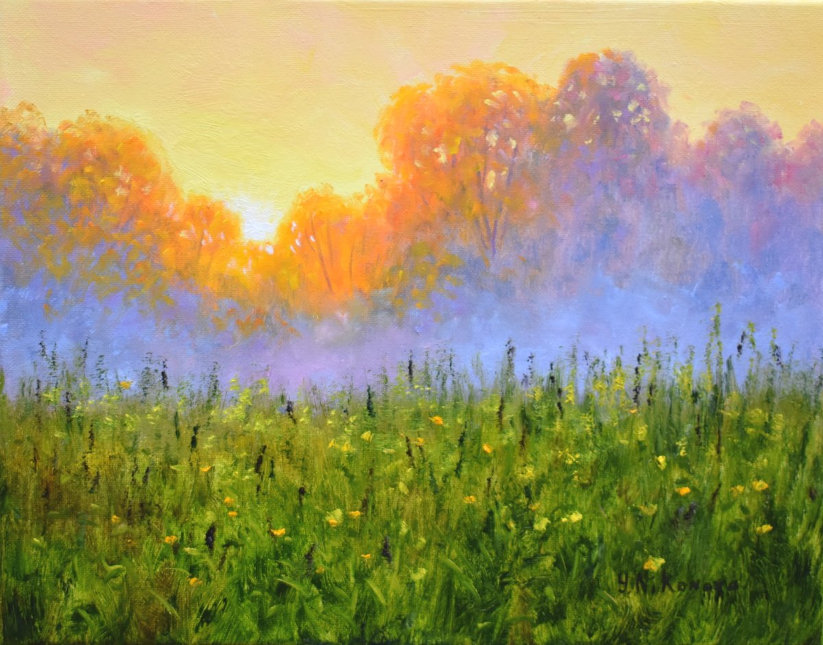 Impressionistic Landscape Oil Painting By Yulia Nikonova, 14 X 11", Misty Morning, Original Artwork