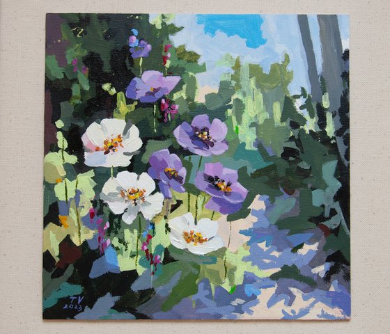 Garden flowers. Acrylic painting. Original art. 10 x 10