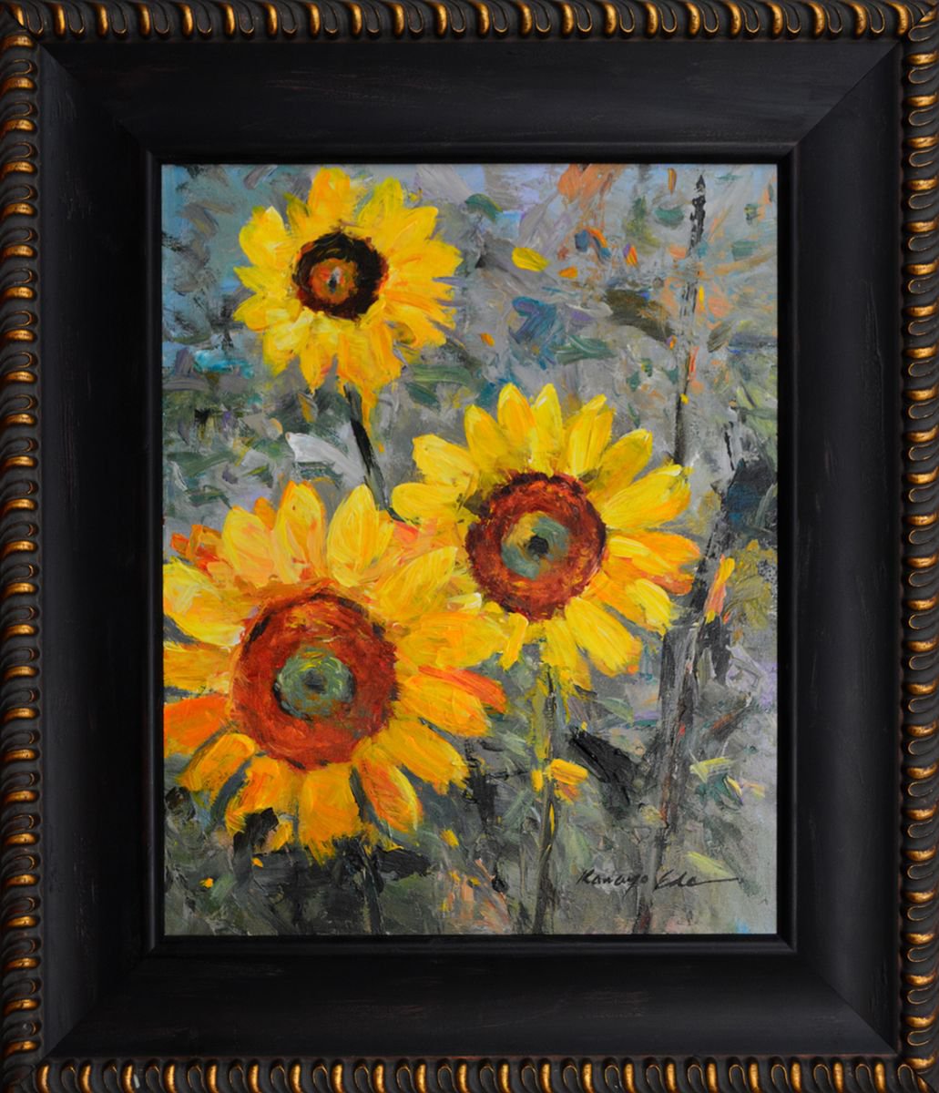 Impressionistic Botanical Acrylic Painting By Kanayo Ede, 24 X 28", Sunflowers, Original Artwork