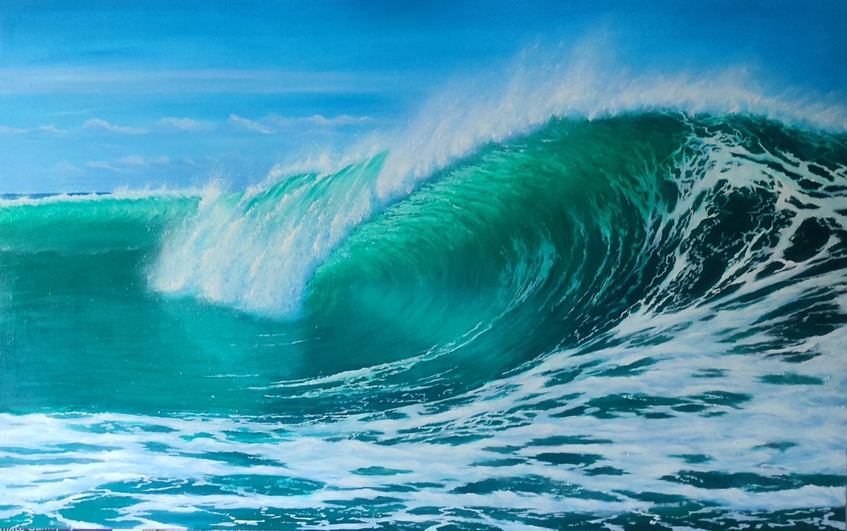 Photorealistic Landscape Oil Painting By Artem _Ar.ko, 46 X 29, Big Wave-3, Original Artwork