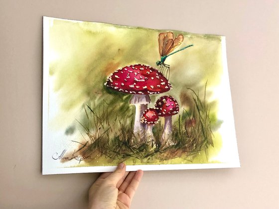 Mushrooms and dragonfly