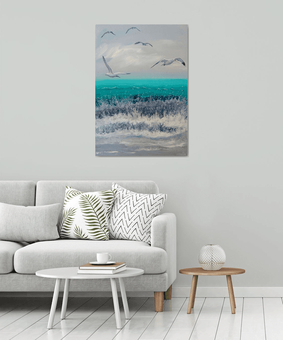 Seascape "Waves & Seagulls" LARGE Painting