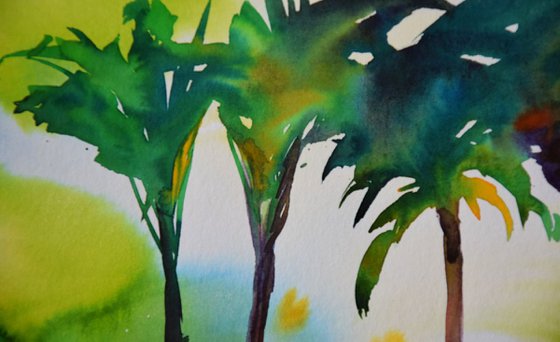 Abstract tropical trees original watercolor painting Spanish green forest