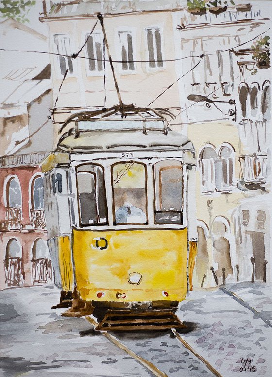 Lisbon tramway. Small original watercolor painting street portugal urban city yellow