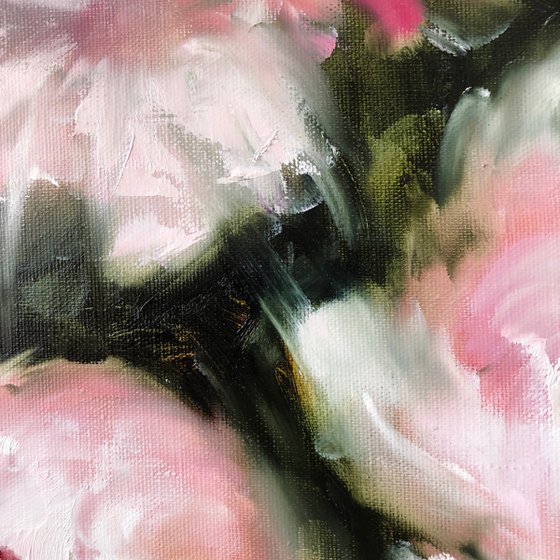 ROYAL PEONY - Abstract peonies. Garden flowers. Large buds. Macro flowers. Pale pink petals. Bouquet. Twilight. Haze.