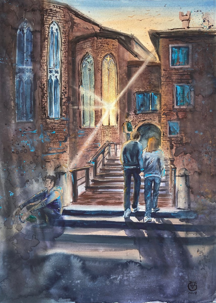 Impressionistic Cityscapes Watercolour By Valeria Golovenkina, 22 X 30", Back Home, Original Artwork